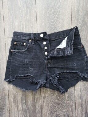 Levis 501 Premium Distressed Hem Cut Off Shorts Size 25/1 Black Button Fly